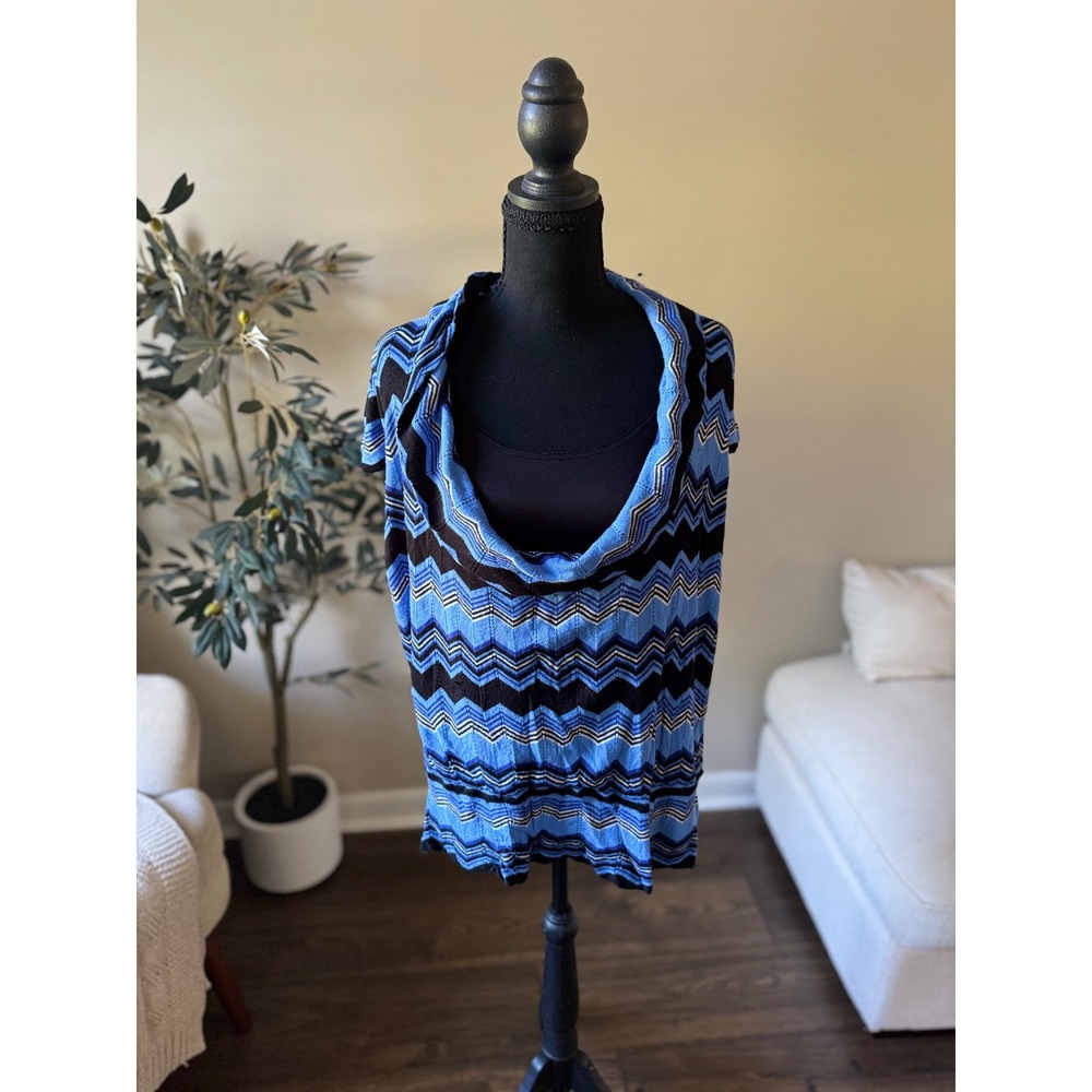 NY Collection Blue Black Chevron Cowl Neck Knit Top XL Short Sleeve Zigzag